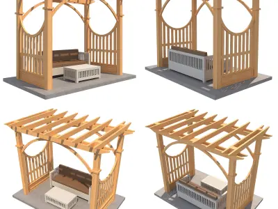 4 Pergolas Set 2 wooden pergola with arched roof Low-poly 3D model