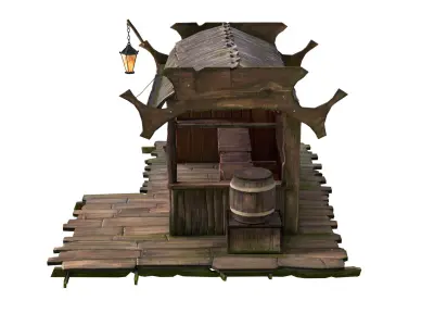 Stall wooden structure with barrel on top Low-poly 3D model
