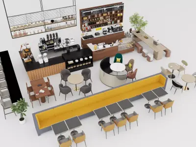 Modern coffee shop interior bar furniture props package Low-poly 3D model
