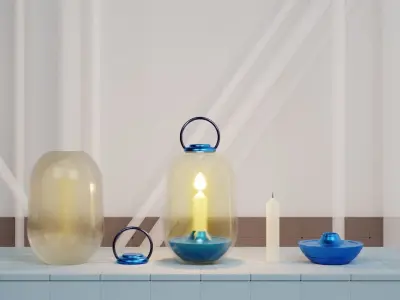 Candle Light Lantern with Multiple Parts on a Tiles Floor Low-poly 3D model