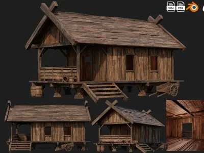 4 Old Building House Pack 4K Texture GameReady 69 to 72 Low-poly 3D model