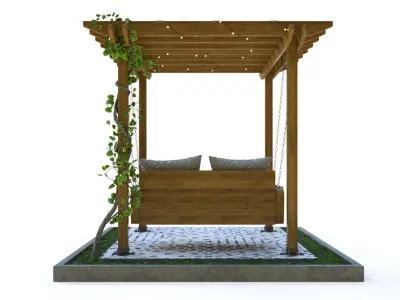 Wooden pergola with hanging sofa 3D model