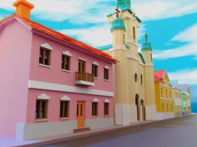 3D model of a cartoon stylized street Low-poly 3D model