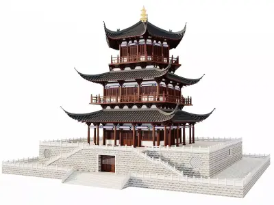 Ancient Japan Pavilion Tower on Stone Terrace 3D model