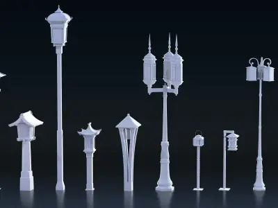 Asian Street Lights Set Low-poly 3D model