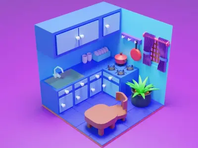 Lowpoly kitchen with table and chairs Low-poly 3D model