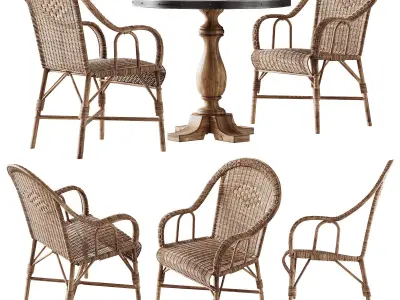 Kokmaison Fauteuil grand pere wicker chair and round table 3D model