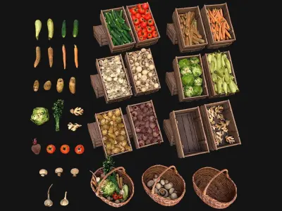 Medieval Market Vegetable Stalls Tent Pack Low-poly 3D model