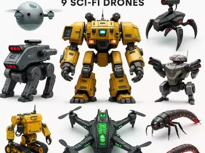 Sci Fi Drone and Robot Pack  9 High Detail Modular Models Low-poly 3D model
