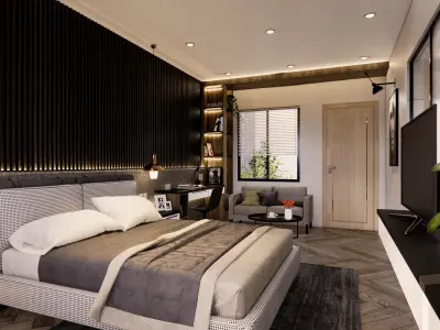 bedroom modern with walls and wooden floors 3D model get