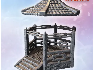 Traditional hexagonal pavilion with wooden pillars tiled roof an 3D print model