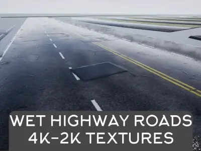 Modular Wet 4-Lane Highway Roads 4K-2K Low-poly 3D model