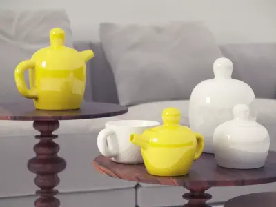 Bulky three teapots and cups on tray 3D model