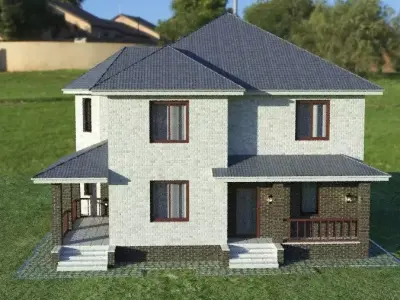 cottage two story house on grassy field 3D model