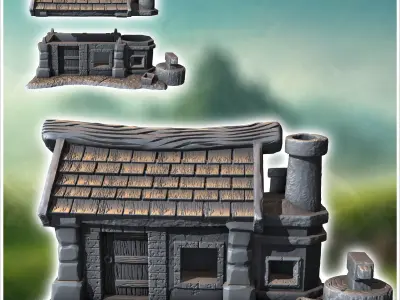 Medieval forge with outdoor fireplace anvil and tiled roof 10 -  3D print model
