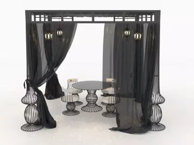 Patio Set with Curtains and Hanging Lanterns 3D model