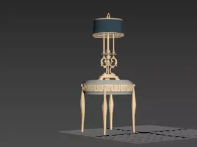 Classical Marble-Top Bedside Table with Ornate Lamp 3D model