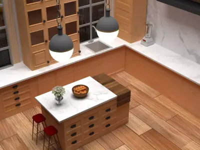house kitchen with wooden floors and counter tops 3D model