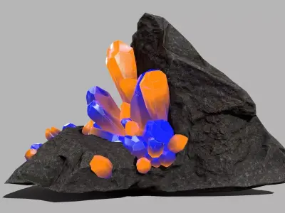 Crystal Set rock with orange and crystals Low-poly 3D model