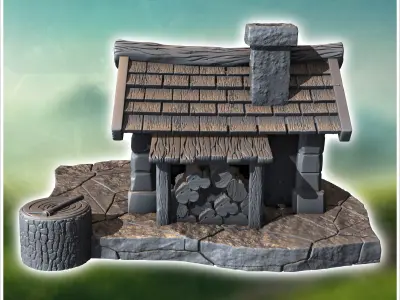 Medieval woodcutters hut with log and axe 8 - Medieval Gothic Fe 3D print model