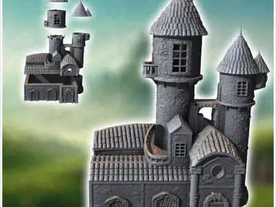 Medieval building with multiple carved doors double towers with  3D print model
