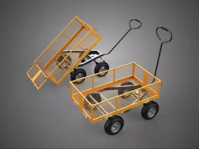 YELLOW ORANGE FOUR WHEELED WIREMESH NET CAGE CART WAGON TILT BED 3D model