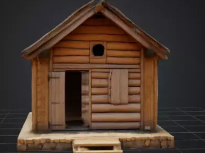 Rustic Wooden Hut with Thatched Roof Low-poly 3D model