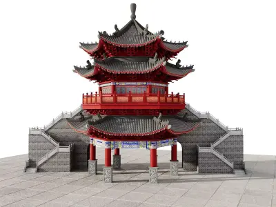 Ancient Japan Gate Tower Pavilion 3D model
