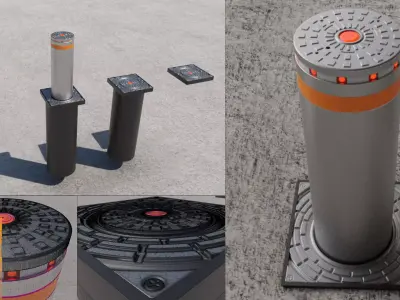 High-Poly Hydraulic Bollard with LED Lights 3D model