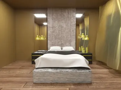 Bedroom with wooden floor and bed 3D model