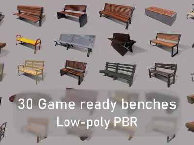 30 Benches Low-poly 3D model