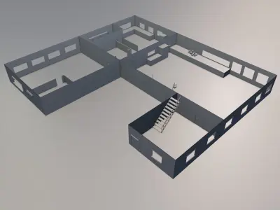 Low Poly Two Storages building with balcony and Animated doors  Low-poly 3D model