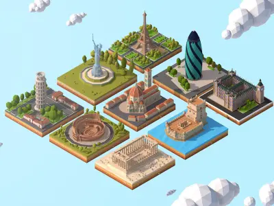 Polygonia Cartoon Low Poly Landmarks Mega Pack  Low-poly 3D model