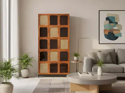 Luxury Solid Wood Cabinet with Rattan Mesh Doors 3D model