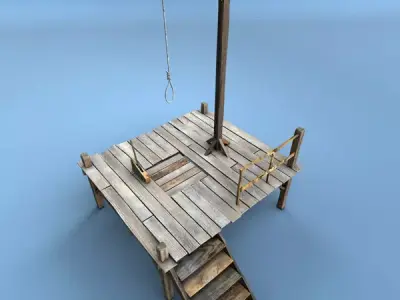 Gallows wooden platform with rope hanging from it 3D model