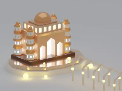Golden Metallic Islamic Mosque with Lantern and Light 3D Model Low-poly 3D model