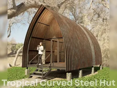 Rust Metal Arched Cabin on Stilts - Tropical Curved Steel Hut Low-poly 3D model