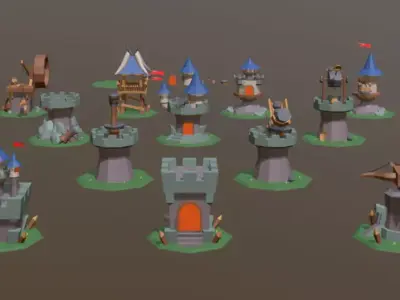 Defense Set 1 of miniature castles and towers Low-poly 3D model