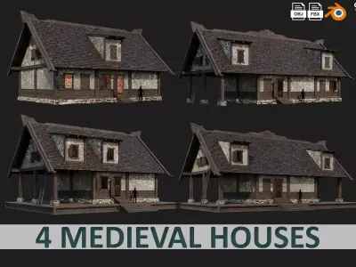 4 Old Medieval Houses Building Pack 4K Tex GameReady 93 to 96 Low-poly 3D model