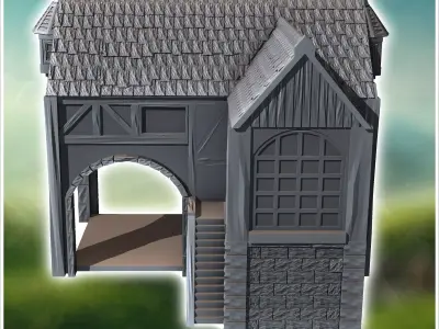 Medieval building with external stone staircase and large column 3D print model