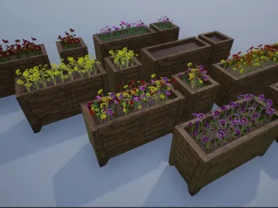 Wooden Big Street Flower Pots Low-poly 3D model