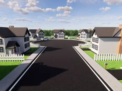 3D Neighborhood Model 3 street with houses and picket fence 3D model