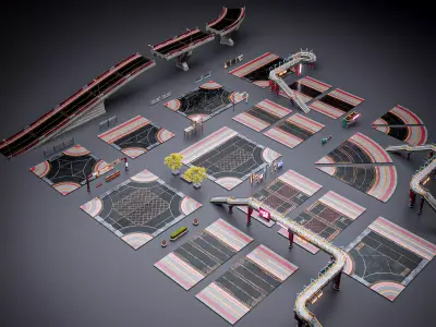 SCIFI STREET ASSET MODULAR KIT CYBERPUNK FUTURISTIC INDUSTRIAL  Low-poly 3D model