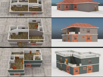 LOW POLY BUILDINGS house with tile roof 3D Model Pack