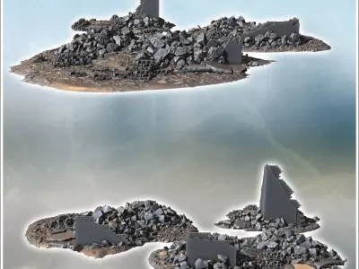 Ruined wall sections with large debris piles and scattered stone 3D print model