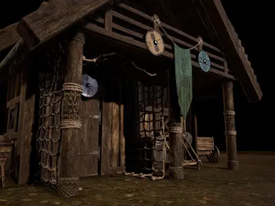 Viking Medieval House 03 with interior and Props Low-poly 3D model