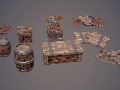Stylized Wooden Crates And Barrels Pack Volume 1 Low-poly 3D model