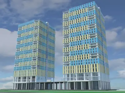 Building 9 two tall buildings at night 3D model
