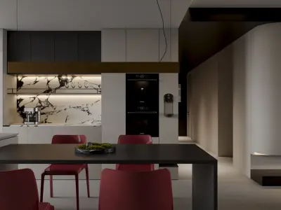 Modern living and dining room kitchen 3D model