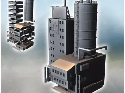 Modern building with a large silo pipes and overhanging annexes  3D print model